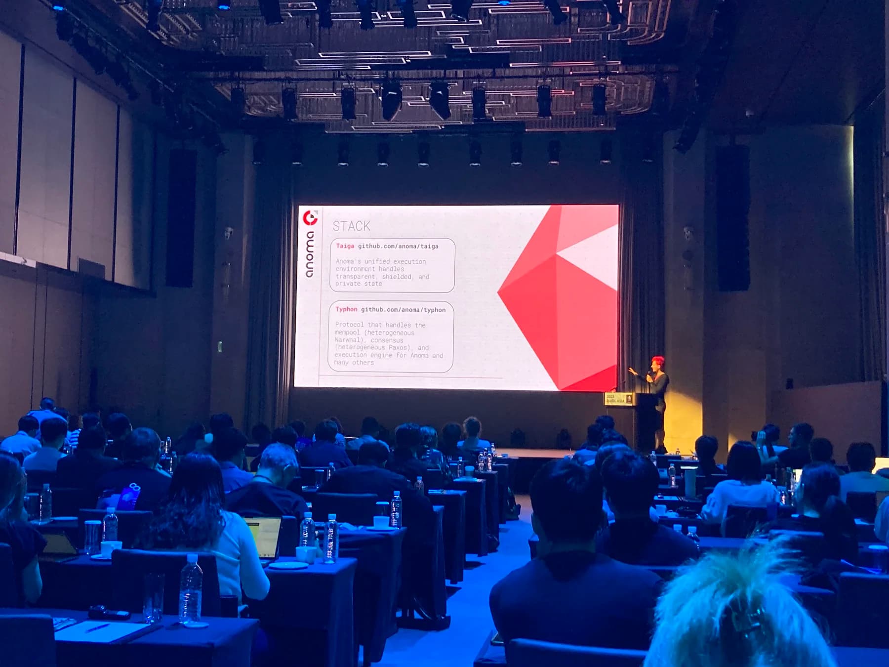 A full ETH Seoul session room with a speaker presenting on a large stage screen.