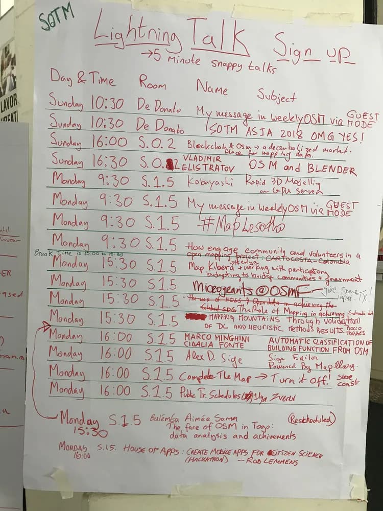 A handwritten State of the Map lightning talk signup sheet with rooms, times, names, and topics.