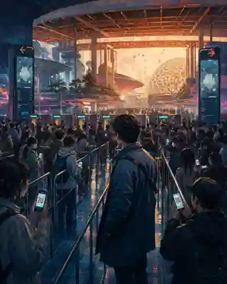 A crowded futuristic Expo entrance in Osaka, with long queues, scanning gates, and visitors holding phones with QR codes.