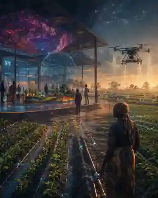An editorial illustration combining an agricultural pavilion, crops, smart irrigation, data displays, and a hovering drone.