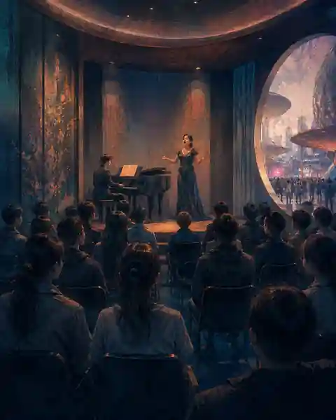 A soprano performing with a pianist for a seated audience inside an intimate Expo pavilion hall.