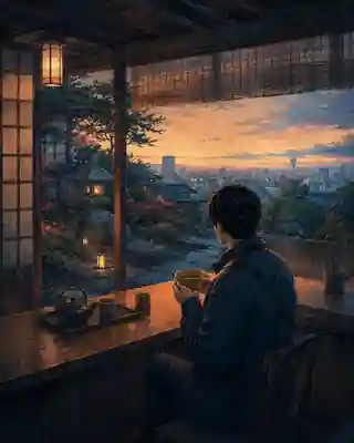 A reflective traveller drinking tea in a quiet wooden tea house overlooking Osaka at dusk.