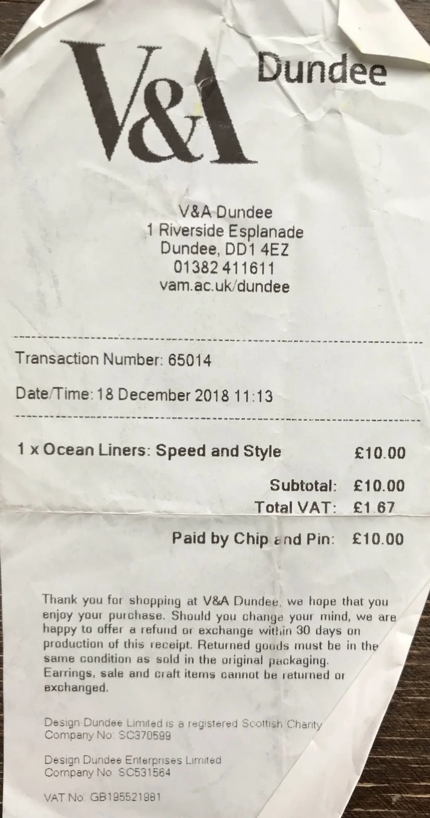Creased V&A Dundee receipt dated 18 December 2018 for Ocean Liners: Speed and Style, priced at £10.