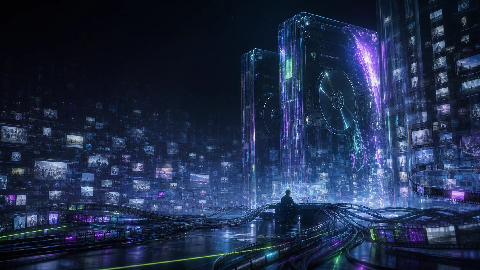 A solitary editor inside a luminous vault of hard drives and suspended documentary frames.