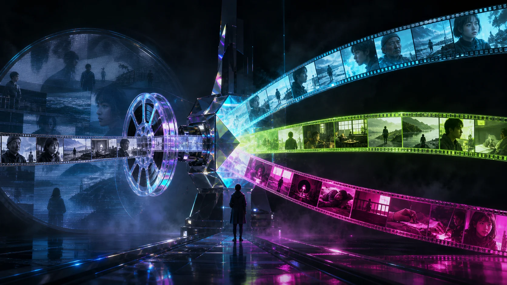 A single reel of documentary footage passes through a crystalline machine and branches into three differently ordered timelines.