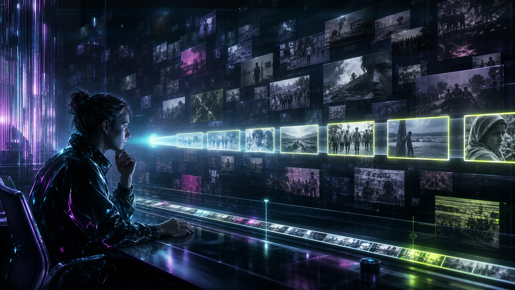 A documentary editor watches a search beam select a narrow row of frames from a much larger visual archive.